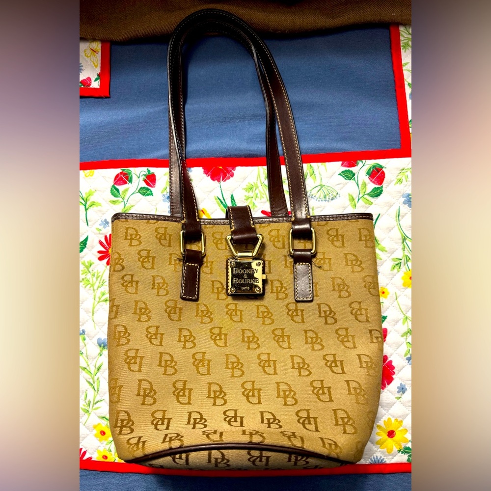 Dooney & Bourke canvas Purse with Straps, Light Brown With Brown leather Accents